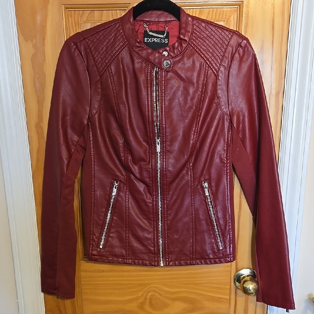 Express Red Leather Jacket with Quilted Shoulders